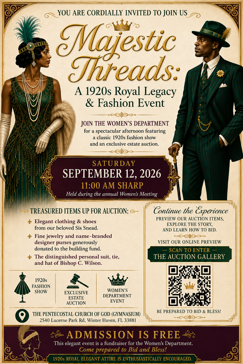 Majestic Threads event flyer with the complete invitation and event information