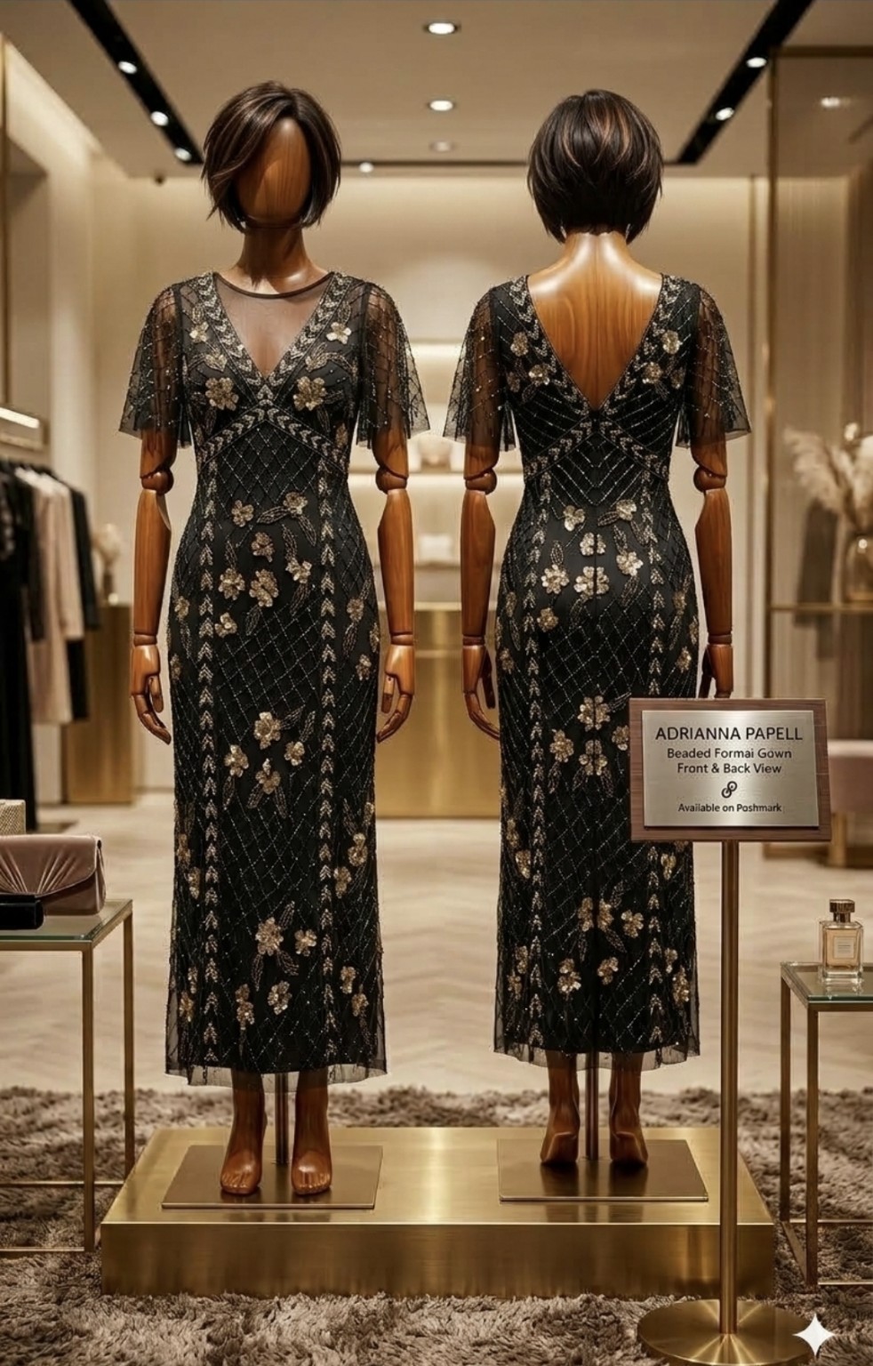 Adrianna Papell beaded illusion V-neck formal gown shown from the front and back