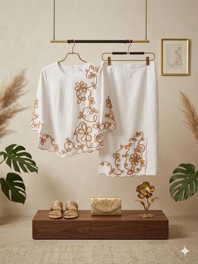 Item 002 white two-piece set with gold floral embroidery
