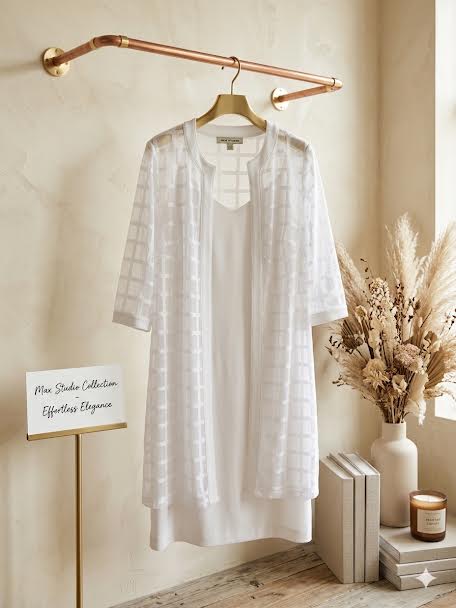 Item 004 white dress with sheer windowpane jacket