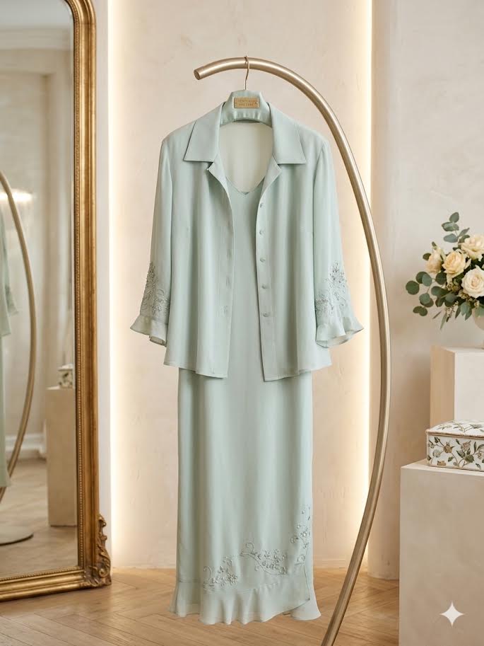 Item 007 mint green R and M Richards dress and jacket set