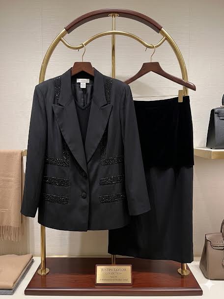 Item 010 Justin Taylor black beaded jacket and skirt suit