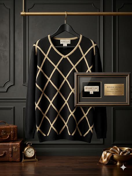 Item 013 Bourne Studio black sweater with gold diamond pattern