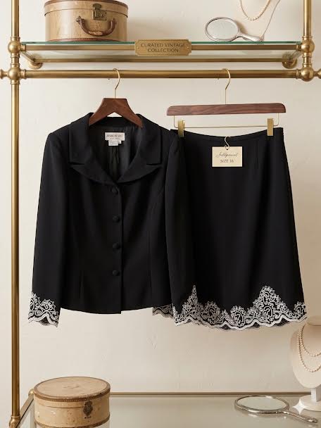 Item 014 Brioche New York black skirt suit with white embroidery
